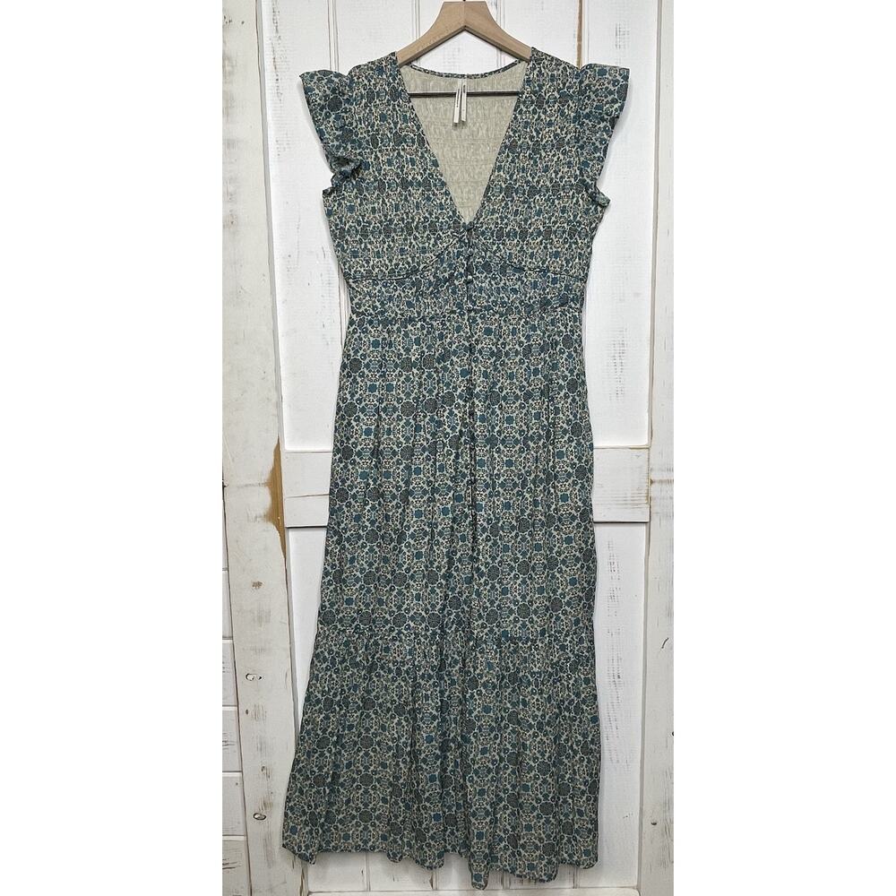 NWOT Anthropologie The Peregrine Midi Dress Blue Green Floral Prairie Boho Small
